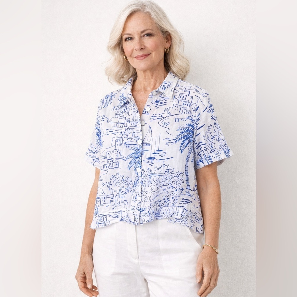 Calypso St Barth Blue White Linen Blend Scenic Print Button Top XL Coastal Chic